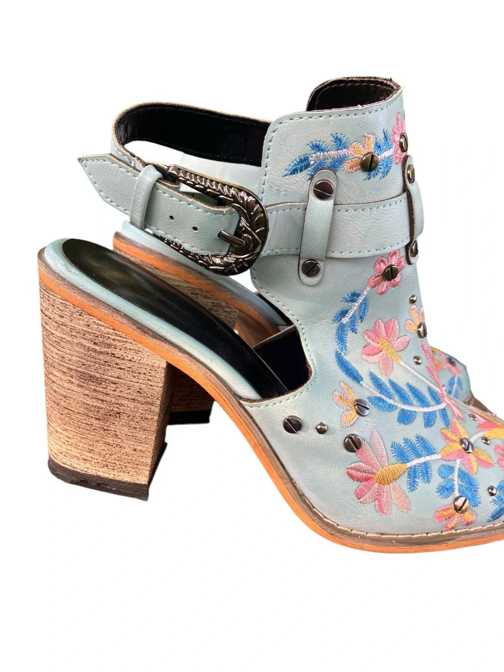 Embroidered Floral Western Mule Heels Aqua Boho Festival Sz 7 - Picture 3 of 6